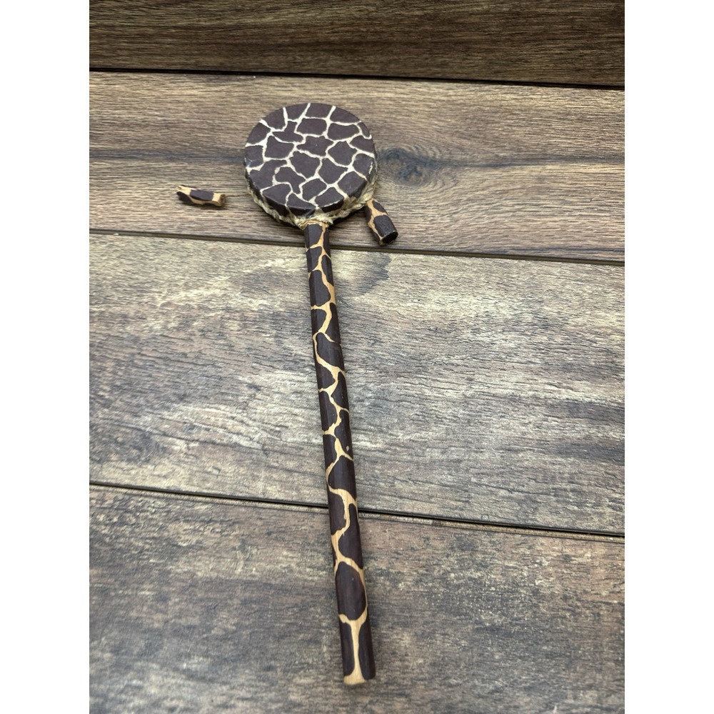 TRIBAL PRIMATIVE‎ HAND DRUM / BABY RATTLE.  GIRAFFE PATTERN OVER WOOD
